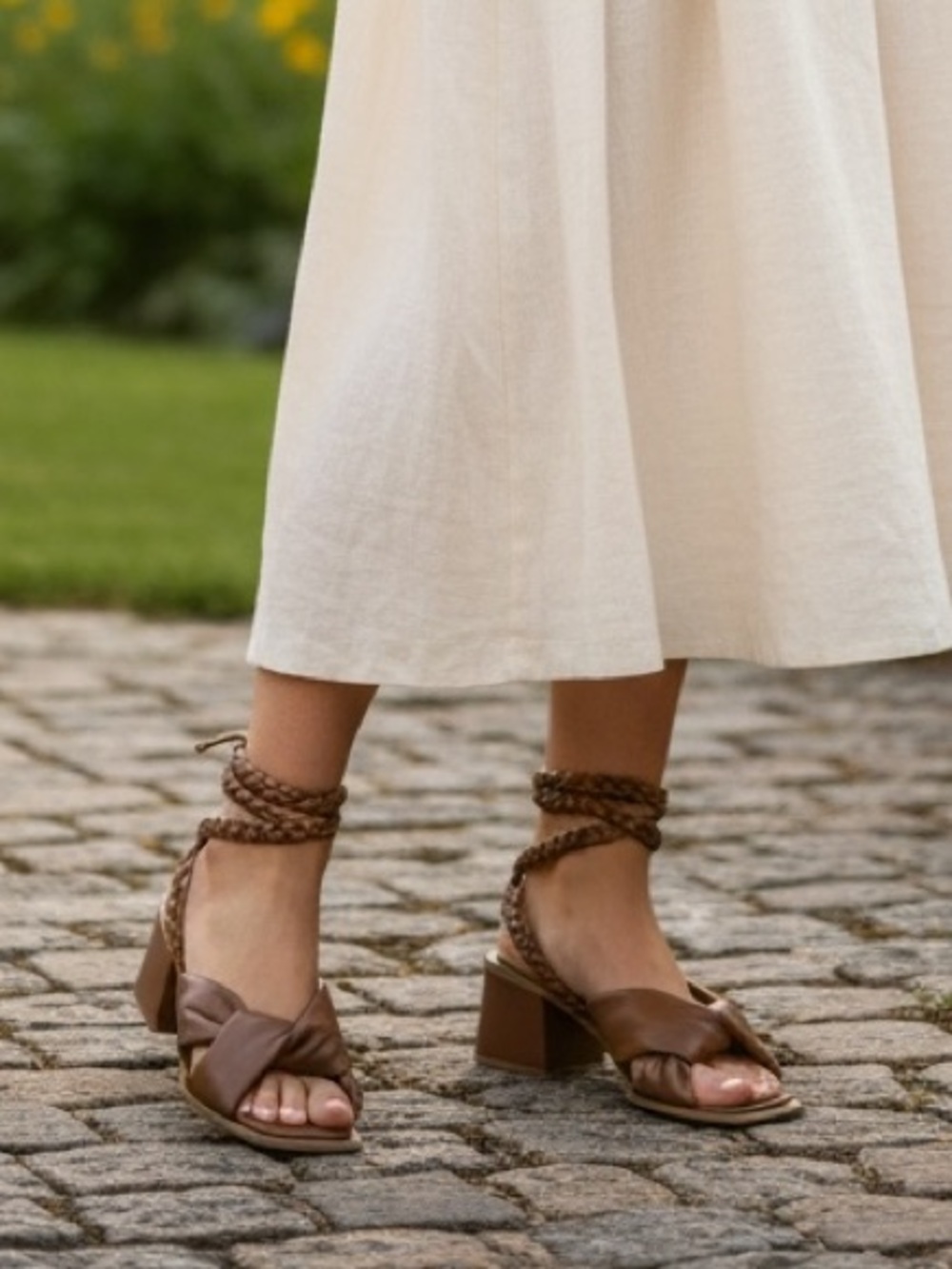 Sam & Libby Brown Braided Ankle Wrap Block Heel Sandals